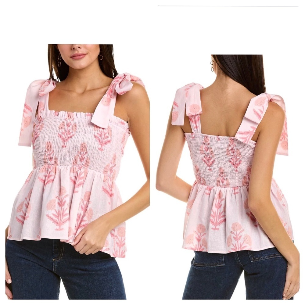 NWT Victoria Dunn x Kathleen Maeve Emily Floral Print Tie Sleeve Linen Blend Top
